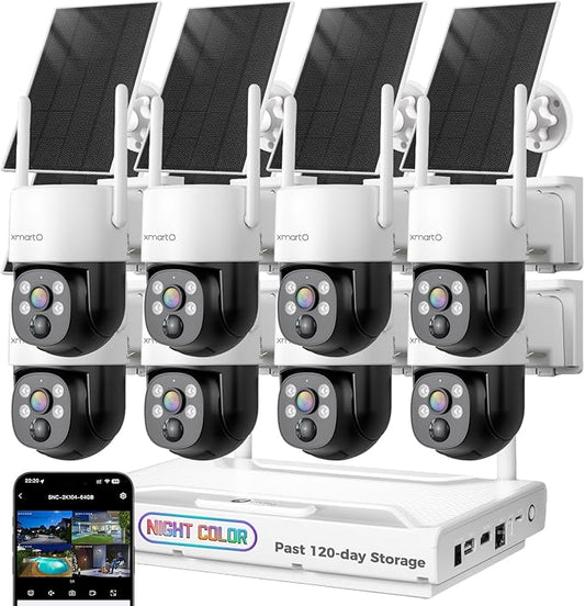 [Night Color] XMARTO 10CH 8Pcs 2K HD Wireless Solar Security Camera System with Starlight Color Night Vision, PTZ Control, Long Range WiFi6, HDMI View on Monitor, 0 Monthly Fee, 64GB Micro SD