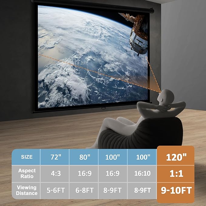 SUPER DEAL 120'' Projector Screen Projection Screen Manual Pull Down HD Screen 1:1 Format for Home Cinema Theater Presentation Education Outdoor Indoor Public Display, Black