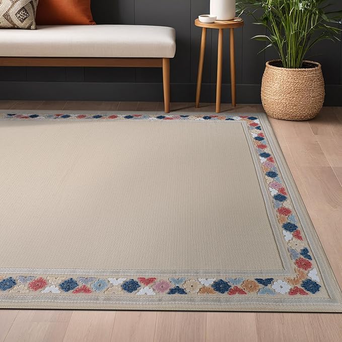 Beverly Rug Outdoor Rug 10x14 Modern Bordered Large Area Rugs for Indoor and Outdoor Patio Easy to Clean Non Shedding Living Room Porch Garden Washable Outside Carpet (10 x 14 Beige)