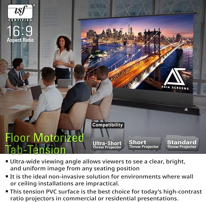 Akia Screens 102 inch Motorized Floor Rising Projector Screen, Pull Up Tab-Tension CineWhite 4K 8K HDR Home Theater Movie Screen for UST Short Throw, Remote Control, AK-FMT102UH2-X