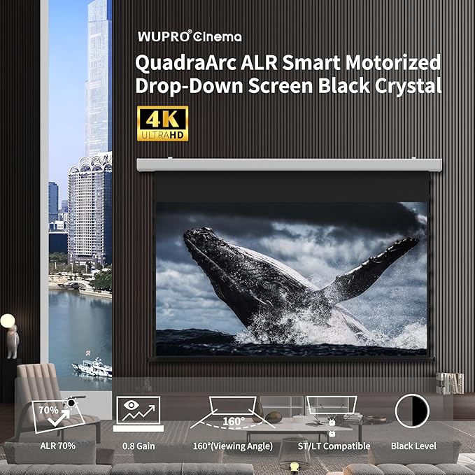 QuadraArc Motorized ALR Projector Screen, Black Crystal 4K Electric Drop Down Screen, Wall & Ceiling Mount, Compatible with 1800 ANSI Lumens ST/LT Projectors 100"