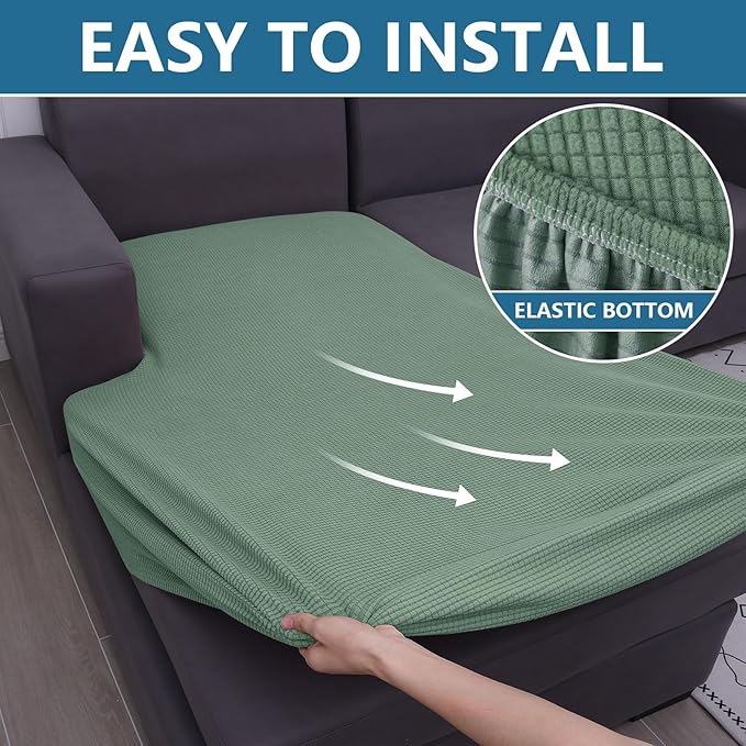 hyha Waterproof Sectional Couch Covers, Non Slip Sofa Couch Cushion Covers L Shape, Thick Stretch Jacquard Fabric, Washable Sofa Slipcovers with Elastic Bottom (1 Piece for Chaise XL, Green)