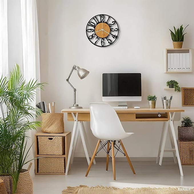 Maxstar Wall Clock Battery Operated,Silent Non-Ticking Modern Rustic Metal Round Clocks Small for Living Room/Bedroom/Office/Kitchen/Farmhouse Home Decor-12 Inch(Yellow-Wood)