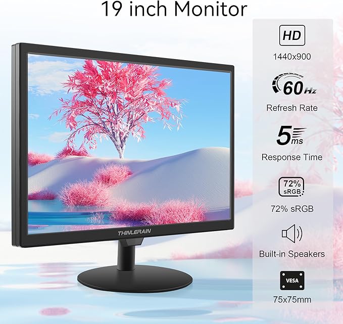 19 inch Computer Monitor 1440x900 PC Monitor with HDMI VGA AV BNC USB Ports, 60Hz, 5Ms, VESA, Display Build-in Speakers for Office Home