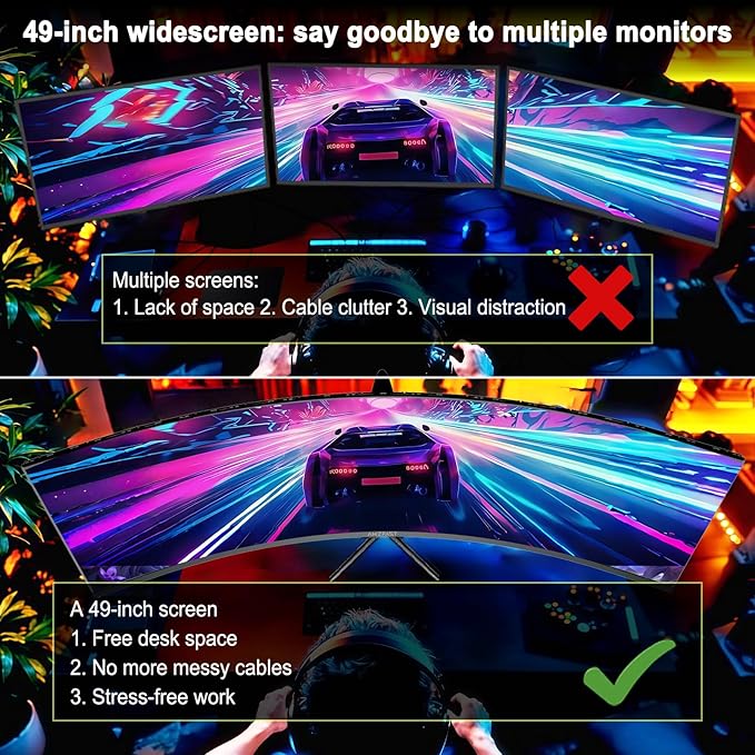Amzfast 49 Inch Curved Monitor 120Hz DQHD 5120x1440p Ultrawide Gaming Monitor, 120% sRGB, 1500R, 1ms MPRT, HDR10, Adaptive Sync, PIP/PBP, Height Adjustable, HDMI 2.0/DP 1.4, VESA 75x75, AMZG49C7U