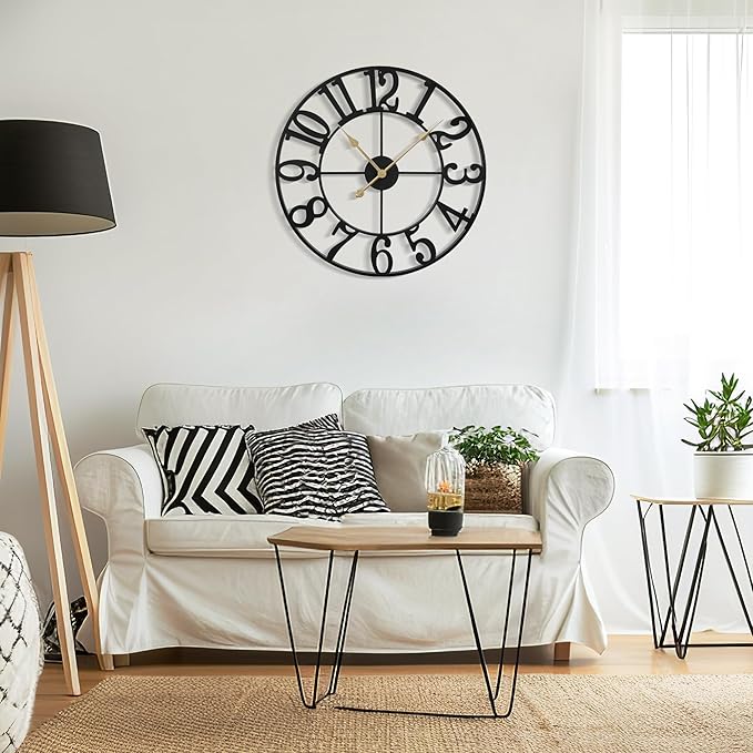 Large Wall Clock for Living Room Decor - 47cm/ 18 Inches Silent Non-Ticking Metal Wall Clocks Battery Operated, Vintage Decorative Modern Wall Clock for Bedroom, Office, Farmhouse Decor