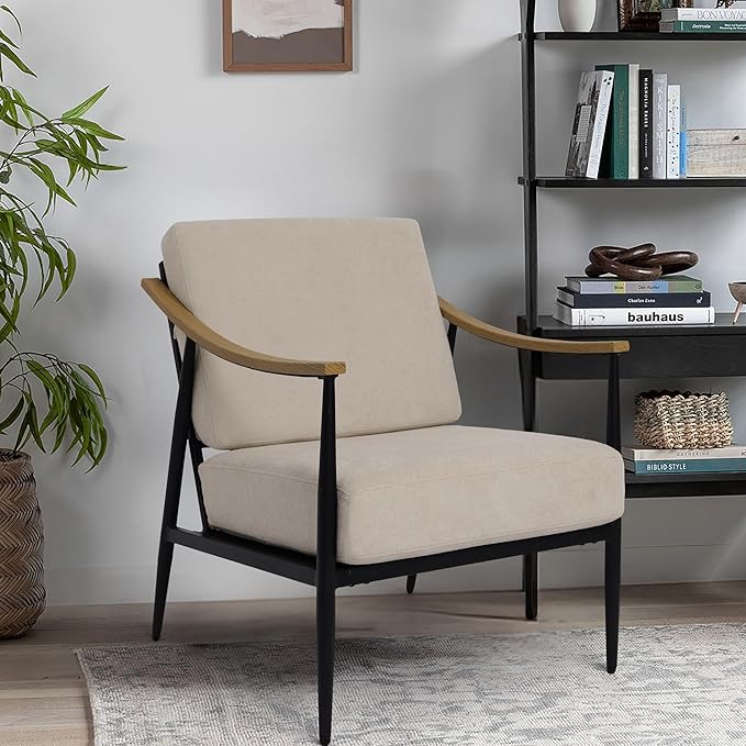 Modern Accent Chair for Living Room Bedroom Mid Century Arm Chair Upholstered Office Accent Chair Comfy Waiting Room Chair with Metal Frame, Beige