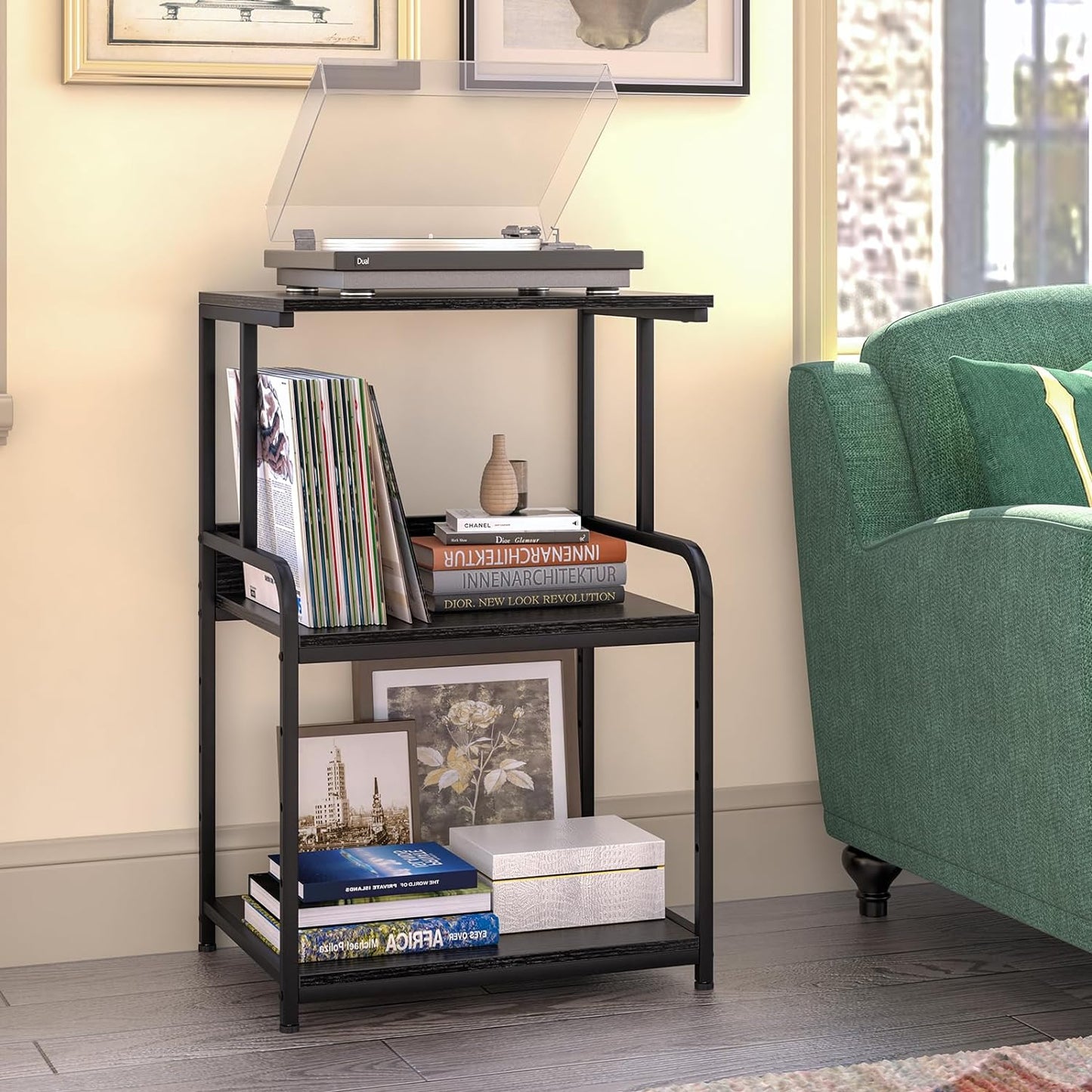 Printer Stand with Storage Shelf,3 Tier Printer Cart with Wheels,Mobile Printer Table for Home Office,Stands for Heat Press Scanner Fax,Industrial Style (Black)