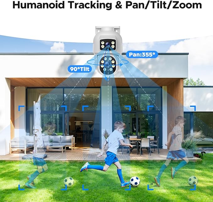 CAMCAMP POE Security Camera System,Dual Lens Wired Security Camera System Outdoor,4pcs 2-in-1 Cameras,2-Way Audio,Auto Tracking,PTZ, Color Night Vision, 8CH NVR with 500GB HDD for 24/7 Recording