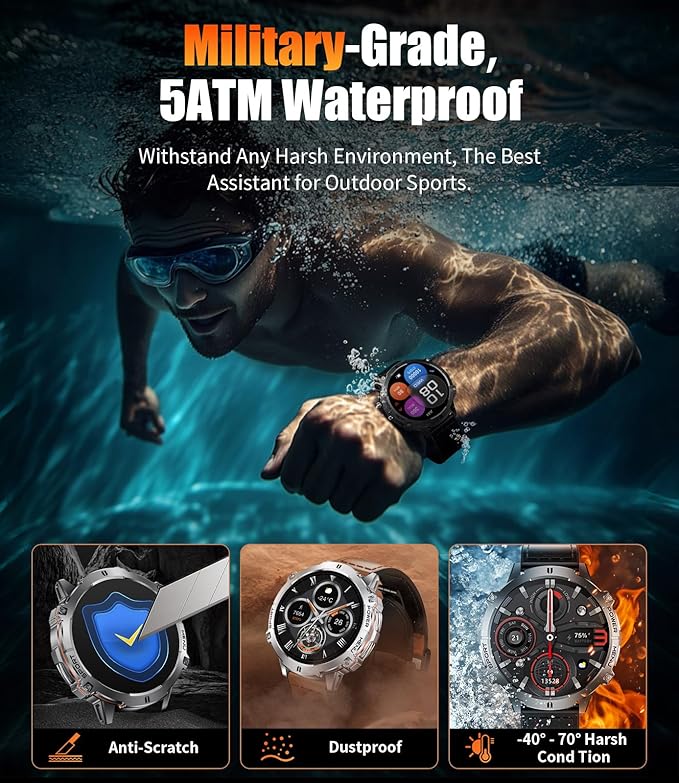 LIGE Smart Watches with 900mAh Battery,1.73" AMOLED relojes para Hombres with Bluetooth Call,110+Sports Mode Tactical Fitness Watch/Heart Rate Sleep Health Monitor/Android iOS Smart Watch