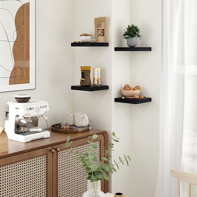 Fun Memories Floating Shelves for Wall - 7.5 Inch Square Shelves with Invisible Brackets, Black Small Wall Shelf for Living Room, Bathroom, Bedroom, and Kitchen Decor，Set of 4