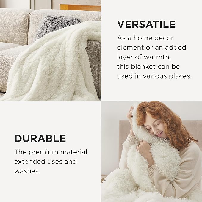 Bedsure GentleSoft Fluffy Cream Blankets Queen Size for Bed, Thick Sherpa Faux Fur Fleece Fuzzy Plush Winter Warm Heavy Soft Full Queen Blankets, Bedroom Decor Cream Gifts Cozy Gifts for Women, 90x90