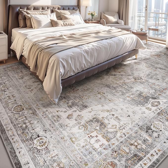 AMOAMI Area Rug - 9x12 Vintage Soft Grey Rug - Non Slip, Washable for Living Room, Bedroom, Dining Room, Office