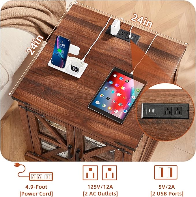 24" End Table with Charging Station, Farmhouse Night Stand with Glass Barn Door, Green Nightstands with Adjustable Storage Shelf, Large Wood Square Bed Side Table for Living Room, Bedroom