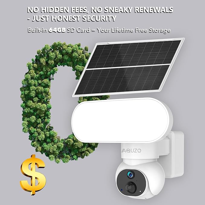 Solar Floodlight Camera with 1500LM Bright Lights-2K Wireless Outdoor Security PT Cam, Motion Activated Color Night Vision Illuminates Entire Yard & Driveway, No Monthly Fee, 64GB SD Card Included
