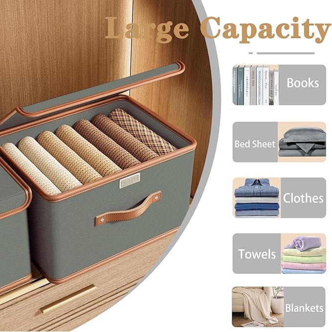 Tuza 2 Pack Storage Bins with Lids, Collapsible Closet Organizer Container, Fabric Organizer Box with Handles, Decorative Storage Boxes with Lids for Organizing Clothes, Blanket, Grey, Large