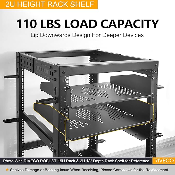 RIVECO 2U Server Rack Shelves for 19" Network Cabinet, Rack Mount Vented Cantilever Trays for Deep IT & Audio Equipment, 18" Depth, 2 PCS Black