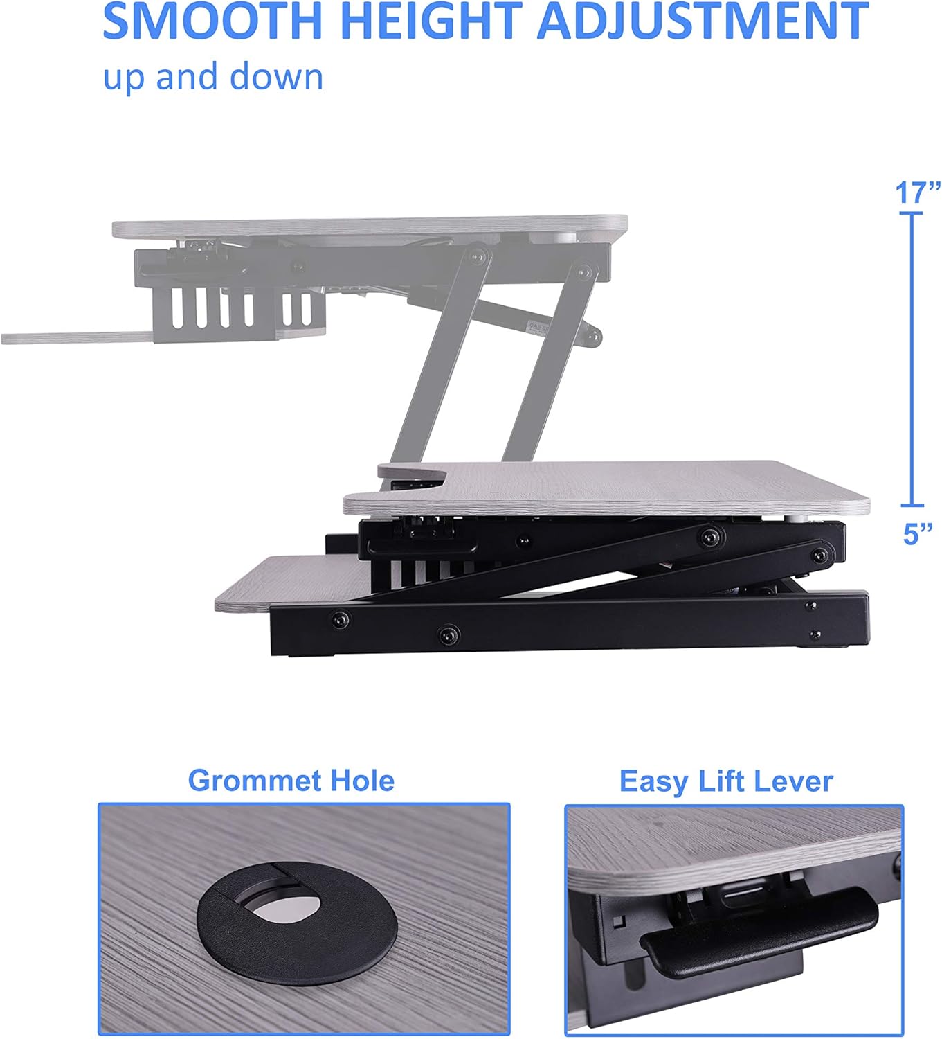 Rocelco 37.5" Height Adjustable Standing Desk Converter with Dual Monitor Mount and Slide Out Retractable Keyboard Tray - Sit Stand Up Double Screen Tabletop Riser Workstation - Gray (R DADRG-DM2)