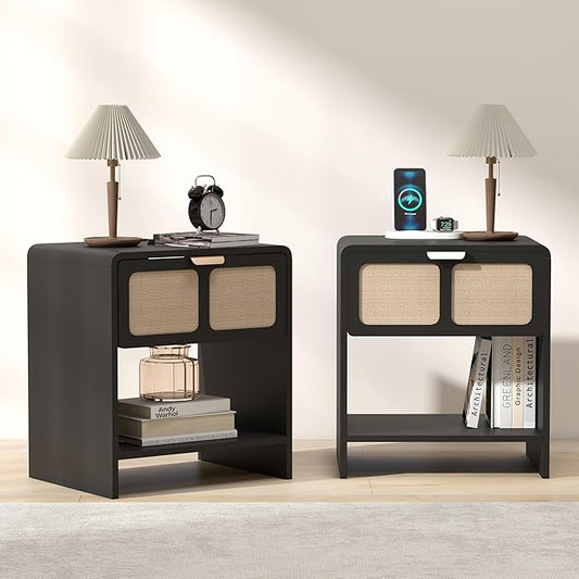 LEVNARY Nightstand Set of 2, Mid-Century Modern Bedside Table with Charging Station and Fabric-Like Textured Drawer, Wooden End Table for Farmhouse Bedroom Living Room (2, Black)