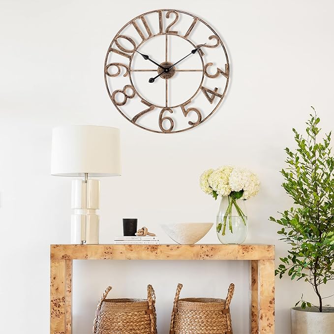 BEW Large Wall Clocks for Living Room Decor, Silent Analog Battery Operated Wall Clock, 24 Inch Bronze Rustic Farmhouse Metal Wall Clock for Indoor, Outdoor