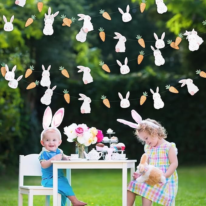 Cheerland Bunny Garland Party Decorations Cute Rabbit Carrot Banner Hanging Streamer for Girls Kids Birthday Baby Shower Classroom Home Office Decor Easter Garden Animal Tea Parties Supplies 2pcs