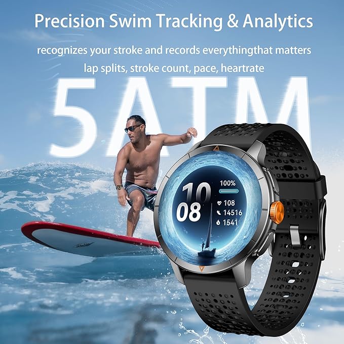 Smart Watch for Men (Answer/Make Call), Built-in GPS, Compass, 1.60" AMOLED, 5ATM Waterproof, Heart Rate SpO2 Sleep Monitor, iPhone Android - Black