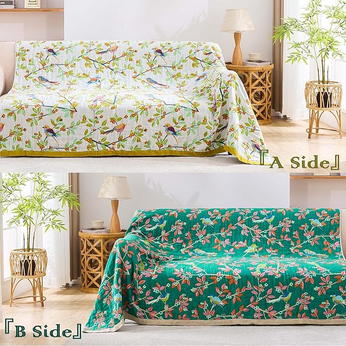 Boho Throw Blanket for Bed, 100% Cotton Soft Rustic Quilt Fall Blanket, 90"x98" Floral Printed Farmhouse Decor Bed Blankets, All Season Rustic Reversible Bohemian Throw Quilt
