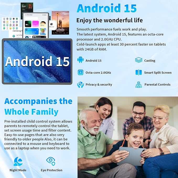 2026 Upgraded Android 15 Tablet, 11 inch Tablets with Keyboard, 24GB+128GB+2TB Expand, Octa-Core, 8000mAh, Gemini AI, 5G/2.4G WiFi, BT5.0, GMS, GPS, 2 in 1 Tablets with Case, Mouse, Stylus(Green)