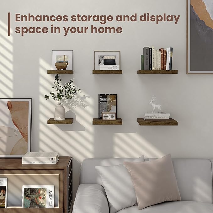 Fun Memories Floating Shelves for Wall - 7.5 Inch Square Shelves with Invisible Brackets, Brown Small Wall Shelf for Living Room, Bathroom, Bedroom, and Kitchen Decor，Set of 4