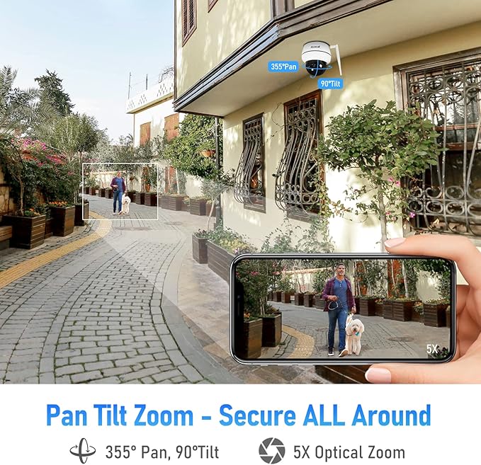 JideTech [Update] 5MP PTZ WiFi Camera Outdoor, 5X Zoom IP Dome Camera with Auto-Tracking, Human/Motion Detection, 2-Way Audio, 128G SD Card Slot, Night Vision, IP66 Waterproof