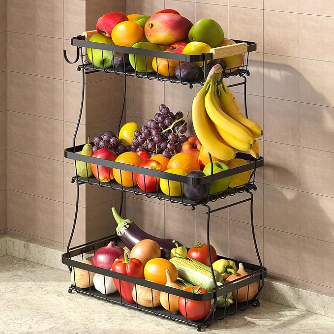3 Tier Fruit Basket for Kitchen Counter with 2 Mobile Banana Hangers, 2025 Pro Detachable Metal Fruit Bowl with Wooden Handle, Fruit Holder for Bread Snack Veggies with Protective Mats