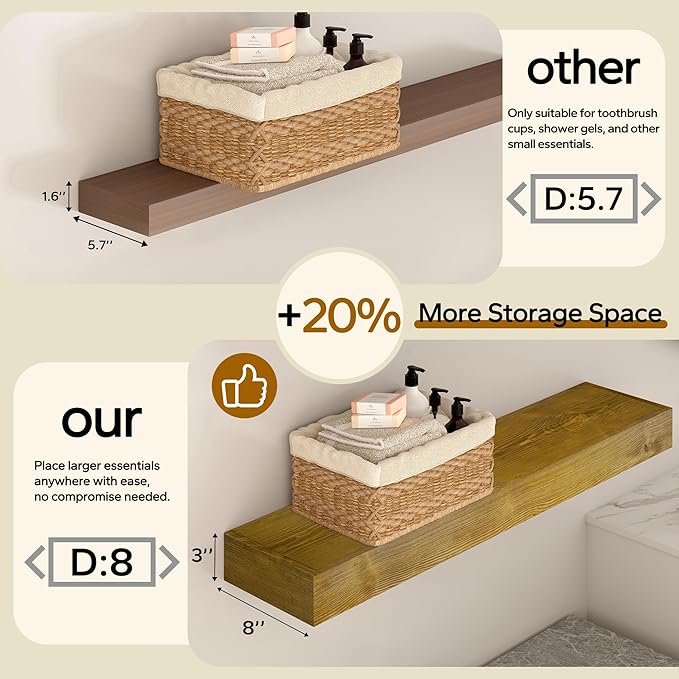 Floating Shelves 3 inch Thick for Wall Set of 2,Solid Pine Wood Wall Mount Shelf for Kitchen Living Room Bedroom Bathroom,8" D x 24" L x 3" H-Gold Oak