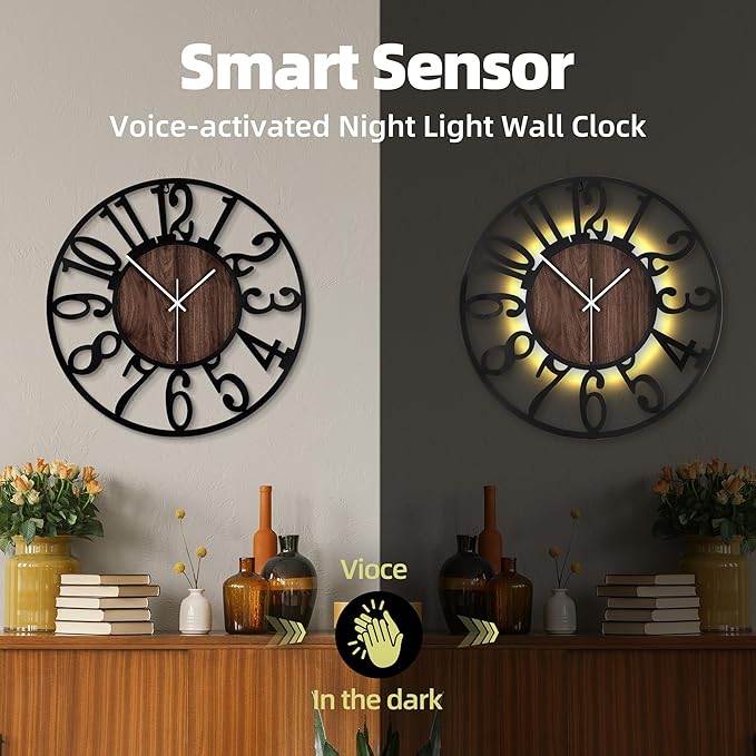 32 Inch Large Metal Wall Clock with Voice and Light Sensor Night Light, Glow in The Dark Non-Ticking Silent Battery Operated Decorative Oversized Wall Clock for Bedroom Living Room Decor