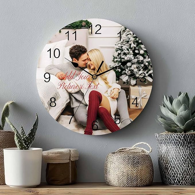 Personalized Clocks with Picture/Text, Custom Photo Silent Wall Clock Non Ticking, Wall Clocks Decorations for Kitchen, Bedroom, Living Room, Idea Gifts for Him Her Christmas (10", 12", 14")