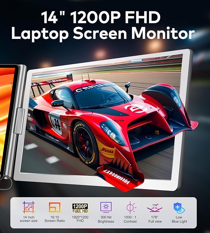 FOPO 14" Laptop Screen Extender, FHD 1080P IPS Monitor Extender, Just 1 Cable for 3 Screens Quad Monitor, Triple Extender for 12"-17.3" Laptops, Compatible with Windows 10/11 and Mac M1/M2/M3
