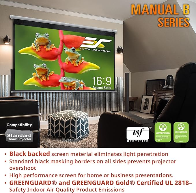 Elite Screens Manual B Series, 100-inch Diagonal 4:3, Pull Down Projection Manual Projector Screen with Auto Lock, M100V