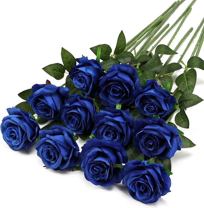 Blue Fake Roses Artificial Flowers - 10 Pcs Fake Artificial Roses Silk Flowers with Stems for Home Wedding Hotel Office Centerpiece Decor