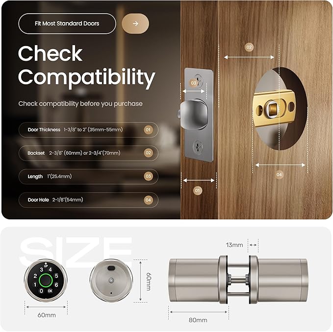Leydebong 4-in-1 Smart Door Lock with Fingerprint and Keypad - Keyless Entry Electronic Lock with App and Mechanical Key - Easy Installation Smart Door Knob in Satin Nickel