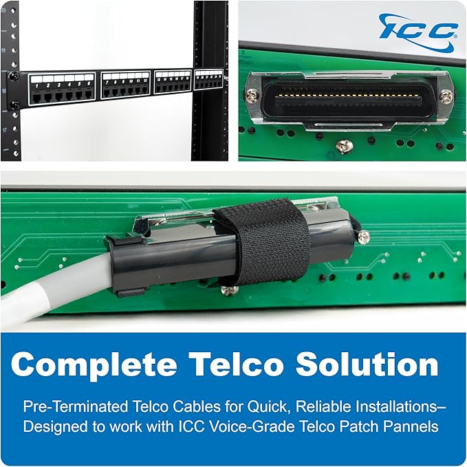 ICC Female to Female 25 Pair Telco Cable 25ft - Cat3 24AWG, 100% Solid Pure Copper, Gray Riser CMR Cable with 90 Degree 50 Pin Telco Connector for Voice and Low Data PBX Applications, 25 Feet