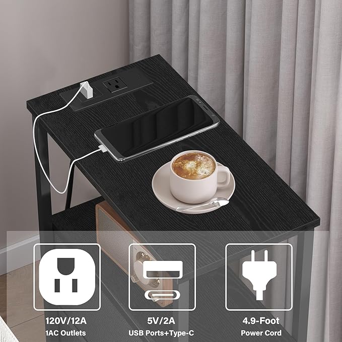 TUTOTAK Narrow Night Stand with Charging Station, Slim End Table with Plugins, Tall Side Table with 3 Fabric Drawer, Small Bedside Table with Storage, Living Room, Bedroom, Black TB01BK086