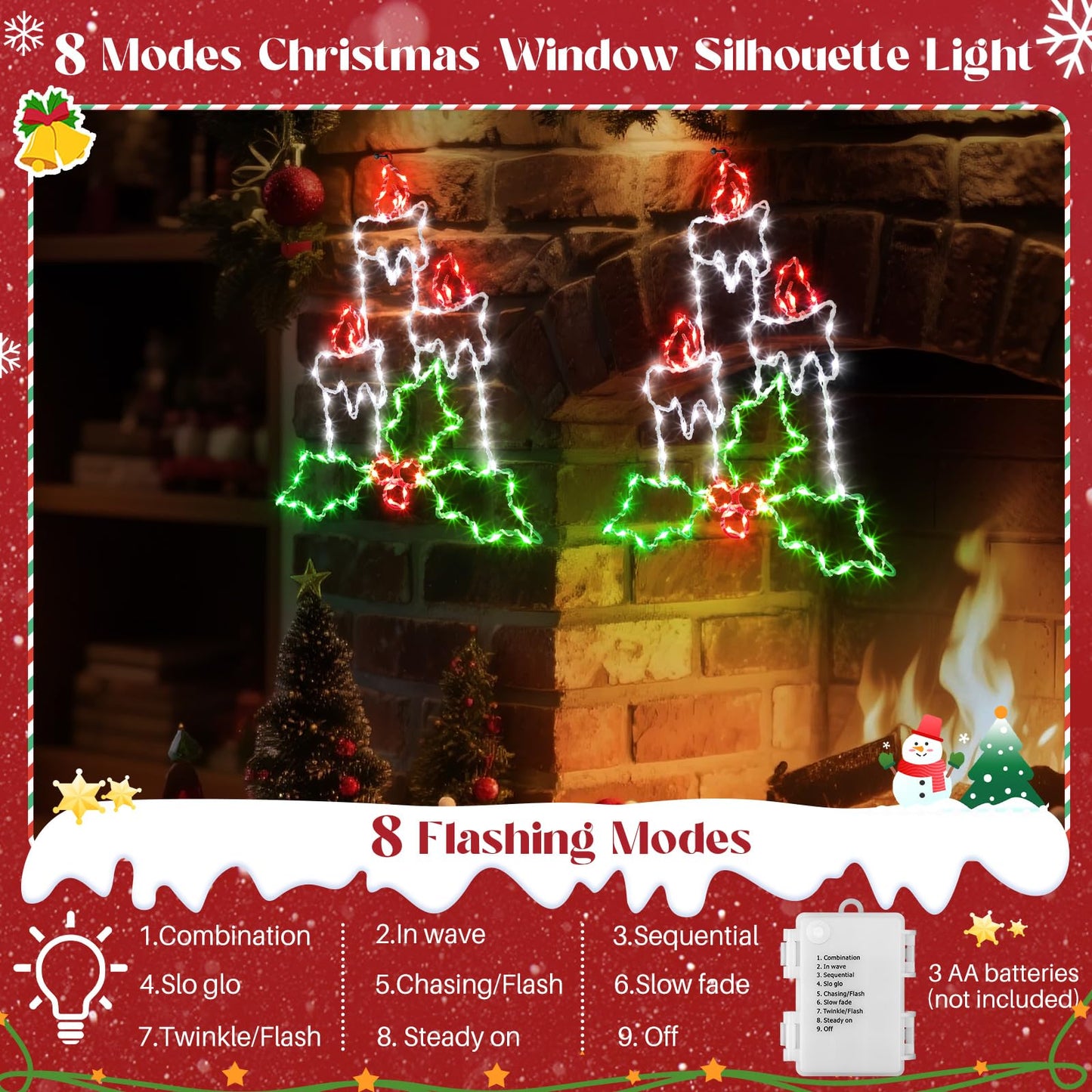 Enhon Christmas Window Silhouette Light, Battery Operated, 8 Modes, Timer, 15.8in, White/Red/Green, 2 Pack, Model SO-Enhon-2400