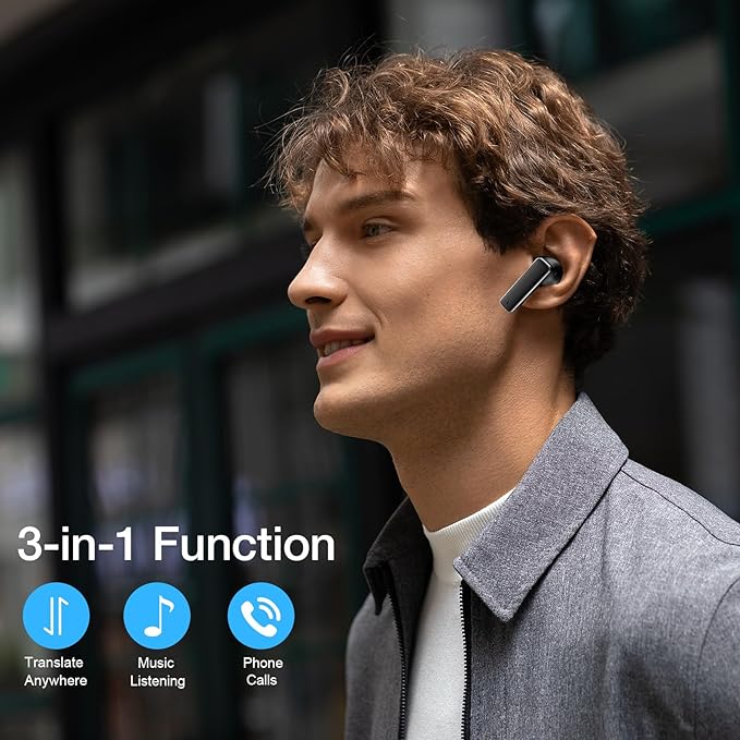 IAMJOY AI Translation Earbuds, 163 Language Two-Way Translator Device with Bluetooth and APP Built-in 6 Mics, 42dB Hybrid Noise Cancelling Language Translator Earbuds, Black