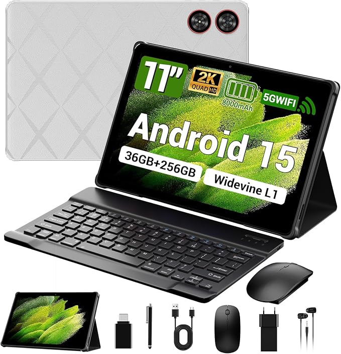 2025 Tablet 11 inch Android 15 Tablets with Keyboard Stylus Mouse: 2K IPS Tablette (2000x1200), 36GB+256GB(2TB TF)-Gray