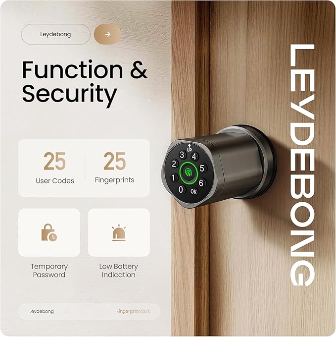 Leydebong 4-in-1 Smart Door Lock with Fingerprint and Keypad - Keyless Entry Electronic Lock with App Control - Easy Installation Smart Door Knob with Code in Gunmetal Gray