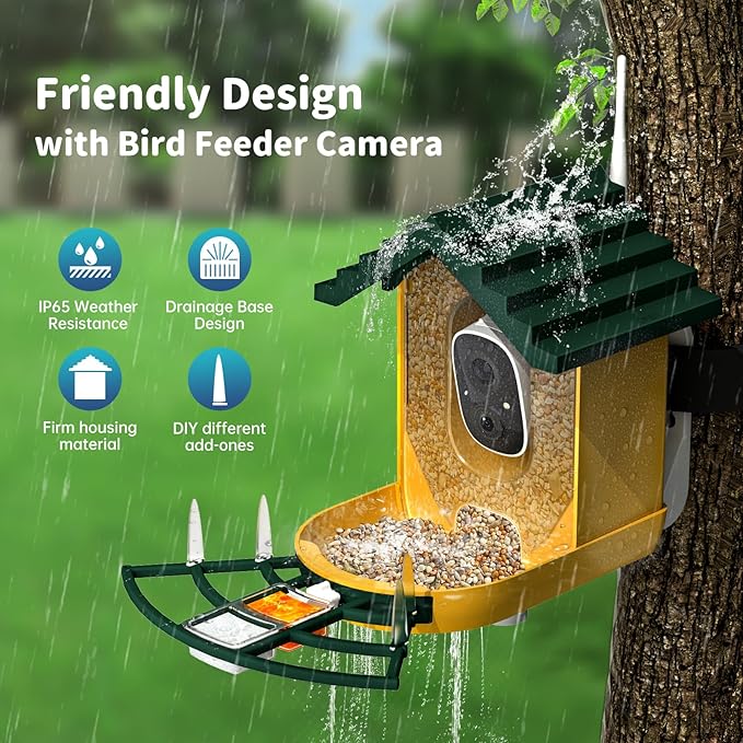 Smart Bird Feeder with Camera Solar Powered & AI Bi rd Identification, 2.4Ghz WiFi Bird feeders for Outdoors, 2K Live Video, Nstant Arrival Alerts - Green-Yellow