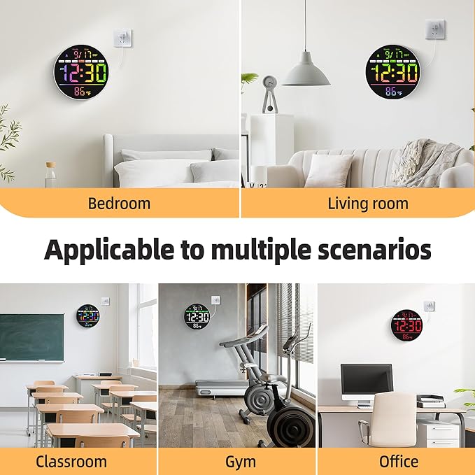 Digital Wall Clock, 8'' Round Digital Clock with Large Display, 11RGB Colors,Remote Control, Auto-Brightness,Temperature,DST,Night Light, Alarm, Count Down Timer for Classroom/Bedroom/Office