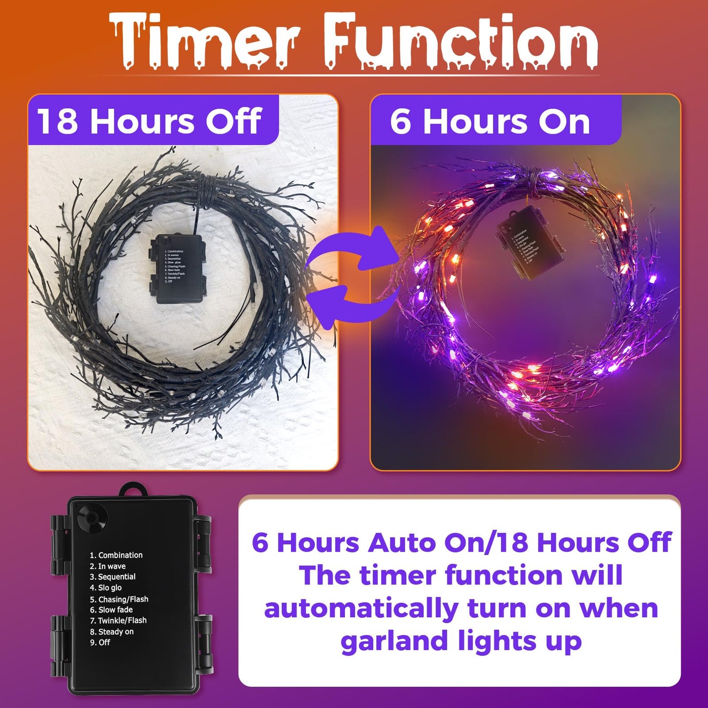 CL FUN Halloween Willow Vine Twig Lights - 6ft Battery Operated Waterproof String Light, 54 LED, Orange & Purple