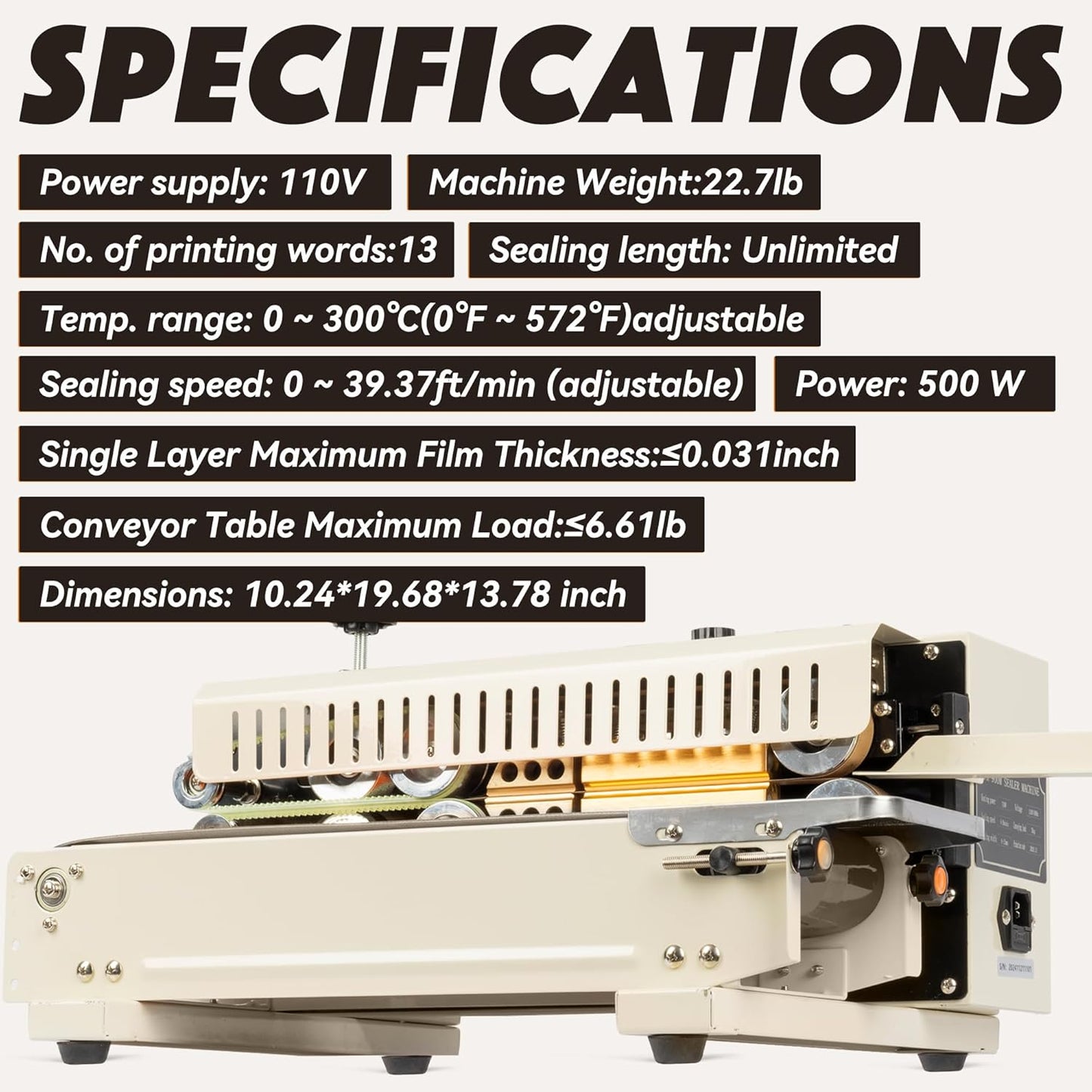 U.S. Solid Continuous Bag Band Sealer Tabletop Sealing Machine, Automatic Horizontal Band Sealer with Digital Temperature Control for 0.02-0.08mm PVC Bags Films Stamp Coding 110V