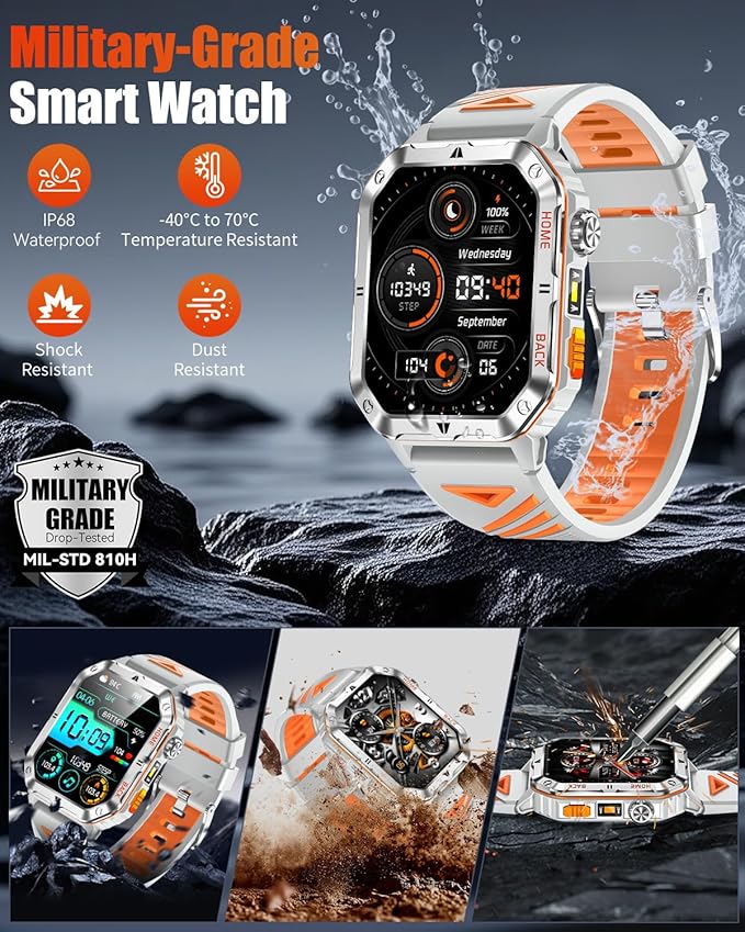 Military Smart Watch for Men, 2.01'' Fitness Tracker with 1200mAh Long Battery Life, Bluetooth Calls, Flashlight, IP68 Waterproof, Heart Rate/Sleep Tracking, 100+ Sports Modes for Android iPhone
