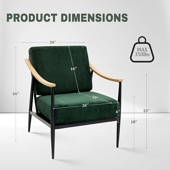 Modern Accent Chairs Set of 2 for Living Room Bedroom Mid Century Arm Chairs Upholstered Office Accent Chairs Comfy Waiting Room Chairs with Metal Frame, Green